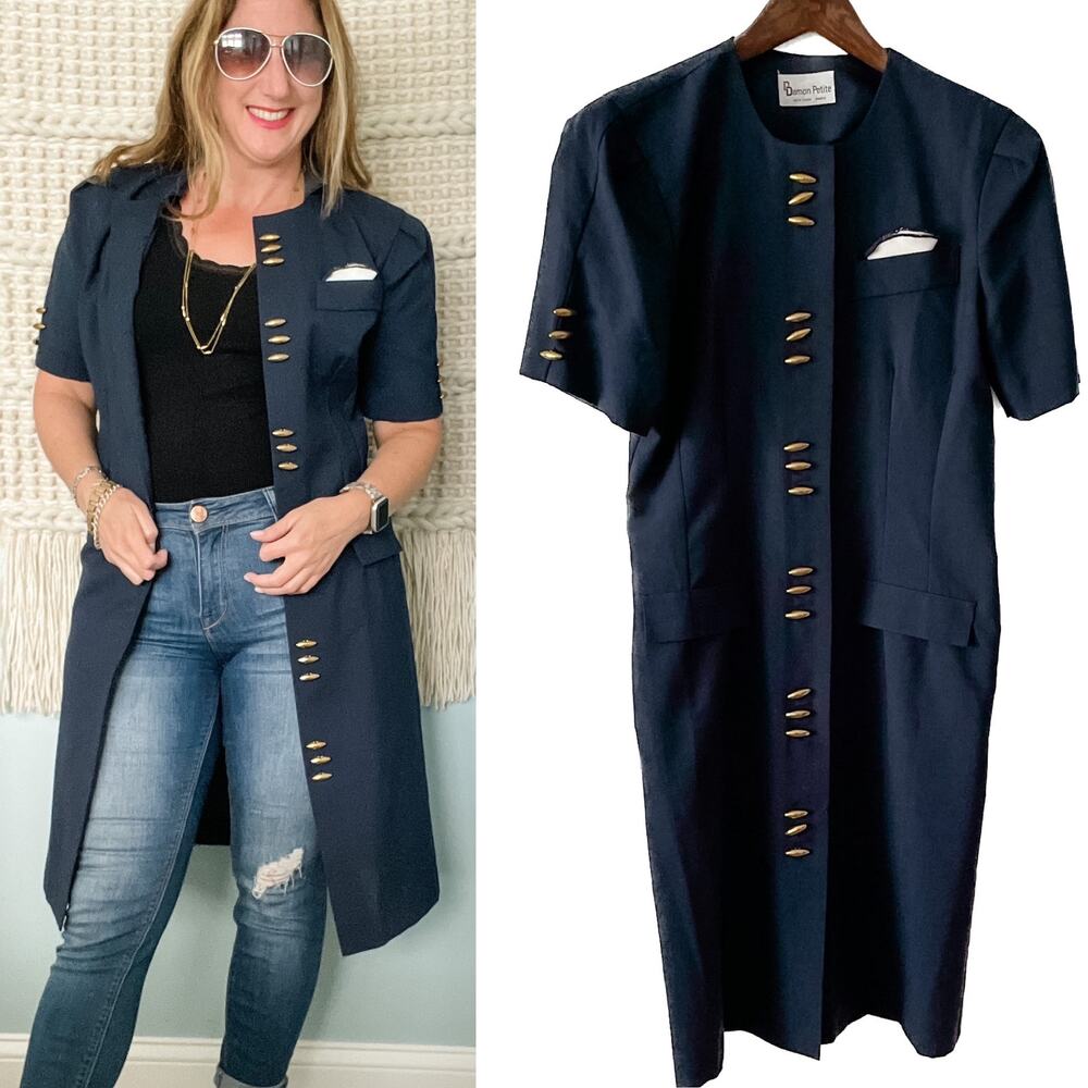 Damon Petite Vintage Brass Button Sheath Secretary Dress / Duster size S small